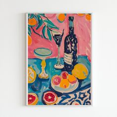 a painting on a wall with a wine bottle, plate and fruit in the foreground