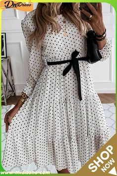 Elegant Dot Print Round Neck Tie Midi Dress Spring Polka Dot Long Sleeve Midi Dress, Spring Long Sleeve Polka Dot Midi Dress, Long Sleeve Polka Dot Cotton Dress, Polka Dot Long Sleeve Cotton Dress, Casual Long Sleeve Polka Dot Midi Dress, Spring Polka Dot Cotton Midi Dress, Spring Cotton Midi Dress In Polka Dot, Elegant Boho Dress, Chiffon Dress Vintage