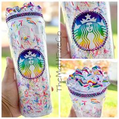 the starbucks cup is decorated with sprinkles and confetti