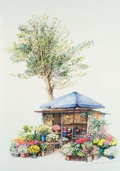 a watercolor painting of a potted tree in front of a house with flowers