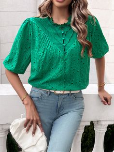 Unleash your inner fashionista with the Ventura Eyelet Short Sleeve Blouse. This stylish top features delicate eyelet detailing and a flattering short sleeve design that will elevate any outfit. Embrace your unique style with this must-have blouse! Size Guide: Model is 5’6” tall, and has a 33.2” bust, 26.4” waist, & 35.2” hips. She is wearing a S / US 4 / AU 8. This blouse is true to size. Material: 100% Polyester. Feature: Crew neckline. Short puff sleeves. Breathable lightweight fabrication. Not lined. Relaxed fit. Care Instructions: Machine wash / Cold hand wash Casual Short Sleeve Eyelet Top, Trendy Short Sleeve Blouse, Spring Solid Color Half Sleeve Tops, Casual Summer Eyelet Blouse, Solid Color Half Sleeve Tops For Spring, Green Non-stretch Short Sleeve Tops, Summer Short Sleeve Tops With Broderie Anglaise, Summer Hollow Out Short Sleeve Tops, Casual V-neck Eyelet Blouse