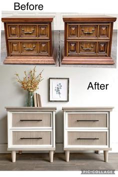 two dressers that have been painted white and brown with the same color as each other