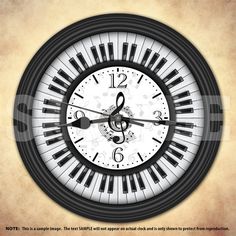 a black and white clock with musical notes on it