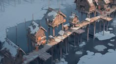 an aerial view of a floating village in the middle of water with ice floes around it