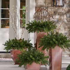 Winter Urns, Outdoor Christmas Decorations Lights, Christmas Urns, Muskoka Cottage, Faux Branches, Unique Holiday Decor, Christmas Planters, Christmas Front Doors, Christmas Porch Decor