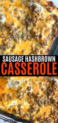 sausage hashbrown casserole is shown in two separate pans, with the title above it