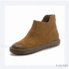 Lasaky - Vintage Genuine Leather Handmade Short Boots - Comfortable Low-Heel Soft Sole Ankle Boots Casual Flat Boots Trendy Suede Martin Boots With Flat Heel, Fall Martin Boots With Leather Sole And Closed Toe, Fall Closed Toe Martin Boots With Leather Sole, Brown Slip-on Martin Boots For Fall, Casual Suede Martin Boots For Fall, Casual Martin Boots With Flat Heel, Casual Brown Martin Boots With Flat Heel, Casual Chelsea Boots With Pointed Toe For Fall, Casual Flat Heel Chelsea Boots For Fall