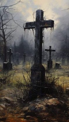 a painting of a cross in the middle of a graveyard