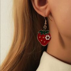 This Pair Of Fruit And Floral Earrings Is A Wonderful Addition To Your Wardrobe And Your Style! This Unique Pair Is Sure To Get Lots Of Compliments! Cute Flower Jewelry For Valentine's Day, Sweet Red Jewelry For Valentine's Day, Cute Flower Shaped Jewelry With Matching Earrings, Trendy Red Flower Earrings For Summer, Cute Flower Jewelry For Party, Cute Flower-shaped Party Jewelry, Cute Red Dangle Jewelry, Cute Metal Earrings For Valentine's Day, Sweet Red Drop Earrings