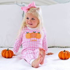 The sweetest pink gingham knit loungewear! Features triple pumpkin applique with white rib trim. Perfect for the season! Gingham Pajamas, Comfortable Pjs, Pumpkin Applique, Knit Loungewear, Pink Gingham, Print Pajamas, Gingham Print, Pajama Bottoms, Pajama Top