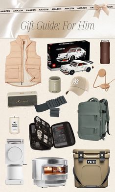 the gift guide for him is displayed with other items in front of it, including a backpack