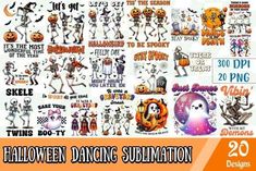 halloween dancing stickers are on display in this poster, which features skeletons and pumpkins