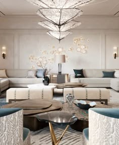 a living room with couches, tables and lamps in it's center area