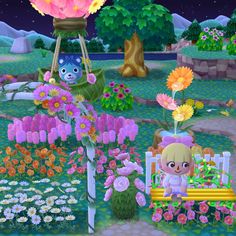 an animal crossing game with flowers and plants