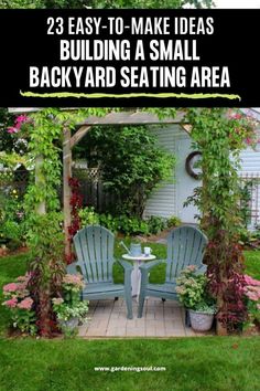 a small backyard sitting area with two chairs and a table in the middle, surrounded by greenery