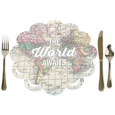 the world awaits placemat with fork and knife