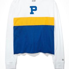 Cropped Pitt T-Shirt, 100% Cotton Blue Spring College Tops, College Blue Color Block Sweatshirt, Blue Color Block Tops For Streetwear, Casual Color Block Tops For College, Blue Cotton College Style Tops, Blue Cotton Tops For College, Blue College Style T-shirt For Streetwear, Spring Collegiate Crew Neck Tops, Collegiate Spring Crew Neck Tops