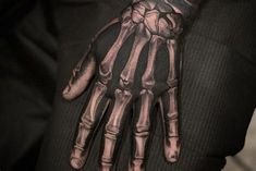 a man's hand with a skeleton tattoo on it and the palm of his left hand