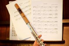 a person holding a musical instrument in their hand with sheet music on the wall behind them