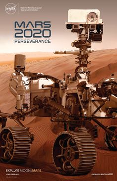 an image of a mars rover in the middle of the desert with text that reads mars 2020 perseverance