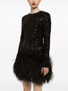 Dolce & Gabbana feather-trim Sequinned Minidress - Farfetch Dress With Feather Trim, Feather Cocktail Dress, Black Feather Dress, Halterneck Mini Dress, Ostrich Feather Trim, Sequin Dress Short, Tulle Mini Dress, Corset Midi Dress, Woman Dresses