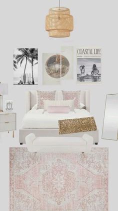 a white bedroom with pink and gold accents on the walls, rugs, bedding,