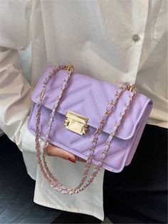 Purple Funky Collar  PU Leather Plain Square Bag Embellished   Women Bags Lavender Purse, Neon Bag, Purple Purse, Cloud Bag, Chevron Quilt, Luxury Purses, Purple Bags, Black Chain, Cute Bags