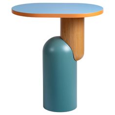 a round table with a wooden top and blue base