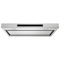 a stainless steel range hood with two lights on the front and one light on the back