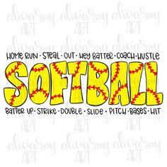 softball svg file with the word softball in yellow and red