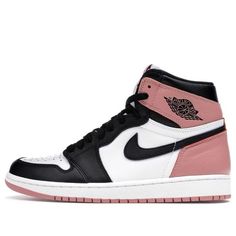 The Air Jordan 1 Retro High OG NRG 'Rust Pink' is a premium sneaker that offers the same iconic design as the Black Toe model, but with Rust Pink tones on the heel and outsole. The upper is crafted from premium leather, making this sneaker perfect for those who appreciate quality craftsmanship. This shoe was released exclusively in Miami during Art Basel 2017 alongside an 'Igloo' colorway, making it a highly sought-after edition of the Air Jordan 1. Whether you're a sneakerhead or simply appreci Sporty Jordan Shoes With Gum Sole For Sports, Sporty Mid-top Jordan Shoes With Gum Sole, High-top Running Shoes With Gum Sole For Sports, Sporty High-top Jordan Shoes With Gum Sole, Sporty Low-top Jordan Shoes With Gum Sole, Sporty Jordan Shoes With Gum Sole, High-top Running Shoes With Gum Sole For Streetwear, Sporty Lace-up Jordan Shoes With Gum Sole, Air Jordan 1 Rust Pink