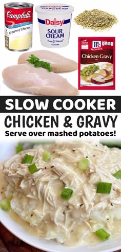 the best crockpot chicken and gravy recipe is in this collage