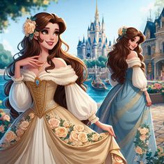 two beautiful women dressed in princess dresses standing next to each other near a lake and castle