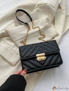 BirdinBag - Chic Black Chevron Quilted Mini Bag with Turn-lock & Chain Strap Chic Black Shoulder Bag With Lock, Black Rectangular Satchel With Lock, Black Shoulder Bag With Lock, Black Shoulder Bag With Lock For Everyday, Chain Pattern, Chevron Quilt, Black Chevron, Mini Quilt, Word Wrap