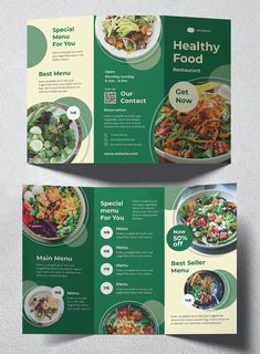 a green and yellow restaurant brochure with food items on the front, side and back