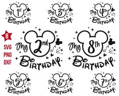 mickey mouse birthday svg bundle for silhouettes and cut files, includes 8 designs