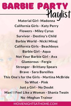 the barbie party playlist is shown in pink and black, with an image of a doll