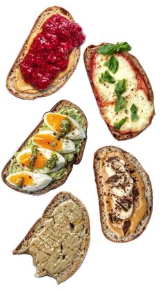 A selection of different sourdough toast topping ideas Benefits Of Sourdough Bread, Benefits Of Sourdough, Healthy Toast Toppings, Jammy Eggs, Healthy Breakfast Toast, Toast Recipe Breakfast, Pizza Toast, Toast Avocado, Banana And Chocolate