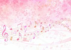 an abstract music background with musical notes and trebles in pink, white and yellow colors