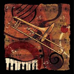 an image of a trumpet and music notes on a grungy background with piano keys