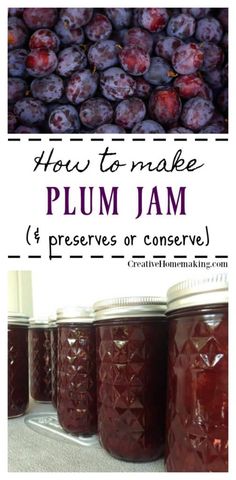 plum jam in jars with text overlay how to make plum jam 4 preserves or conserve