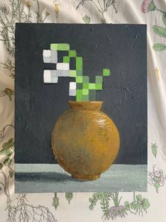 a painting of a yellow vase with green and white squares on it's surface