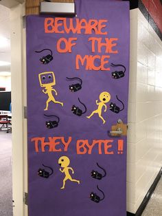 a purple door decorated with stick figures and words that read beware of the mice they bite