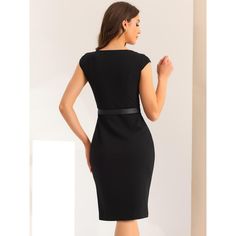 The sheath design comes with a round neck, cap sleeve, and a belted waist. Simple and fitted, this office dress is a must for your work wardrobe. This dress sits just at the knee and is perfect for formal events when paired with court heels. This dress is perfect for formal events when paired with court heels. Black Belted Business Dress, Black Knee-length Belted Dress For Formal Occasions, Formal Black Knee-length Belted Dress, Black Knee-length Belted Dress For Work, Fitted Black Belted Dress For Work, Black Belted Knee-length Dress For Work, Black Belted Dress For Office, Black Fitted Knee-length Belted Dress, Fitted Black Belted Knee-length Dress