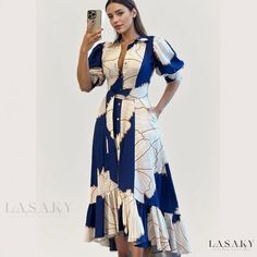 Lasaky - Irregular High-Waisted Shirt-Style Open Cardigan Dress with Floral Print High Waist Maxi Dress, Button Shirt Dress, Floral Print Dress Long, Office Dresses For Women, Lantern Sleeve Dress, Floral Print Maxi Dress, Floral Print Maxi, Turndown Collar, Long Summer Dresses