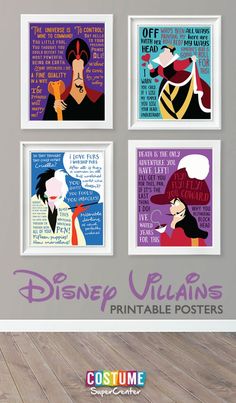 four disney villain posters hanging on the wall in a room with wood flooring and white walls