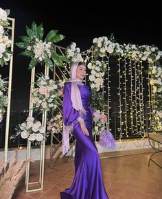 Purple Dress Hijab Outfit, Hazera Outfits, Modest Purple Prom Dress, Purple Modest Dress, Purple Dress Hijab, Purple Graduation Dress, Hijab Soiree Dresses, Modest Muslim Fashion, Muslim Gown