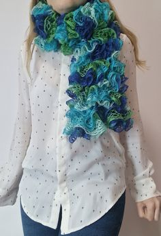 Soft handmade crocheted colorful scarf with ruffles Colorful Scarf, Blue Scarf, Green And Blue, Scarf Wrap, Ruffles, Scarf Accessory, Crochet, Ships, Green