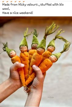 someone is holding up some carrots with small faces on them and the caption reads, made from nicky velous, stuffed with bith blobs have a nice weekend