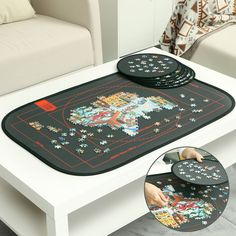 a coffee table with coasters on top of it